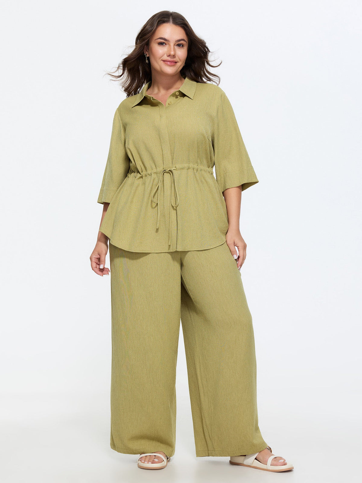 Lapel Collar Drawstring Waist Blouse