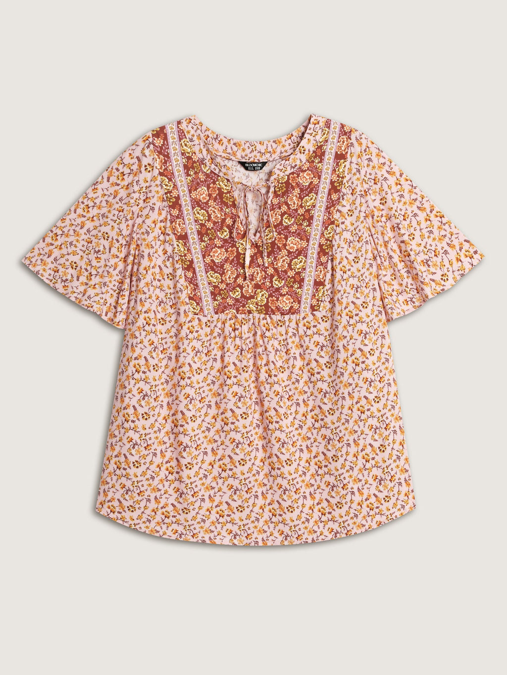 Micro Floral Print Drawstring Neckline Contrast Blouse