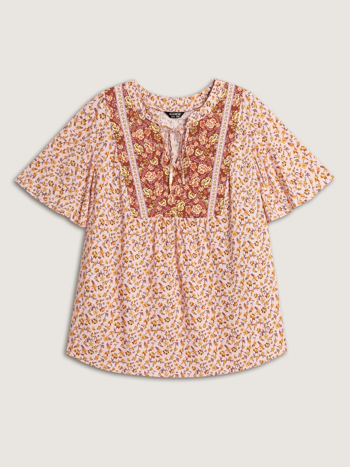 Micro Floral Print Drawstring Neckline Contrast Blouse