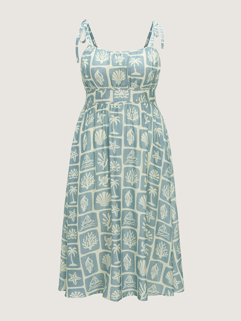 Ocean Print Shoulder-Tie Pleated Midi Dress