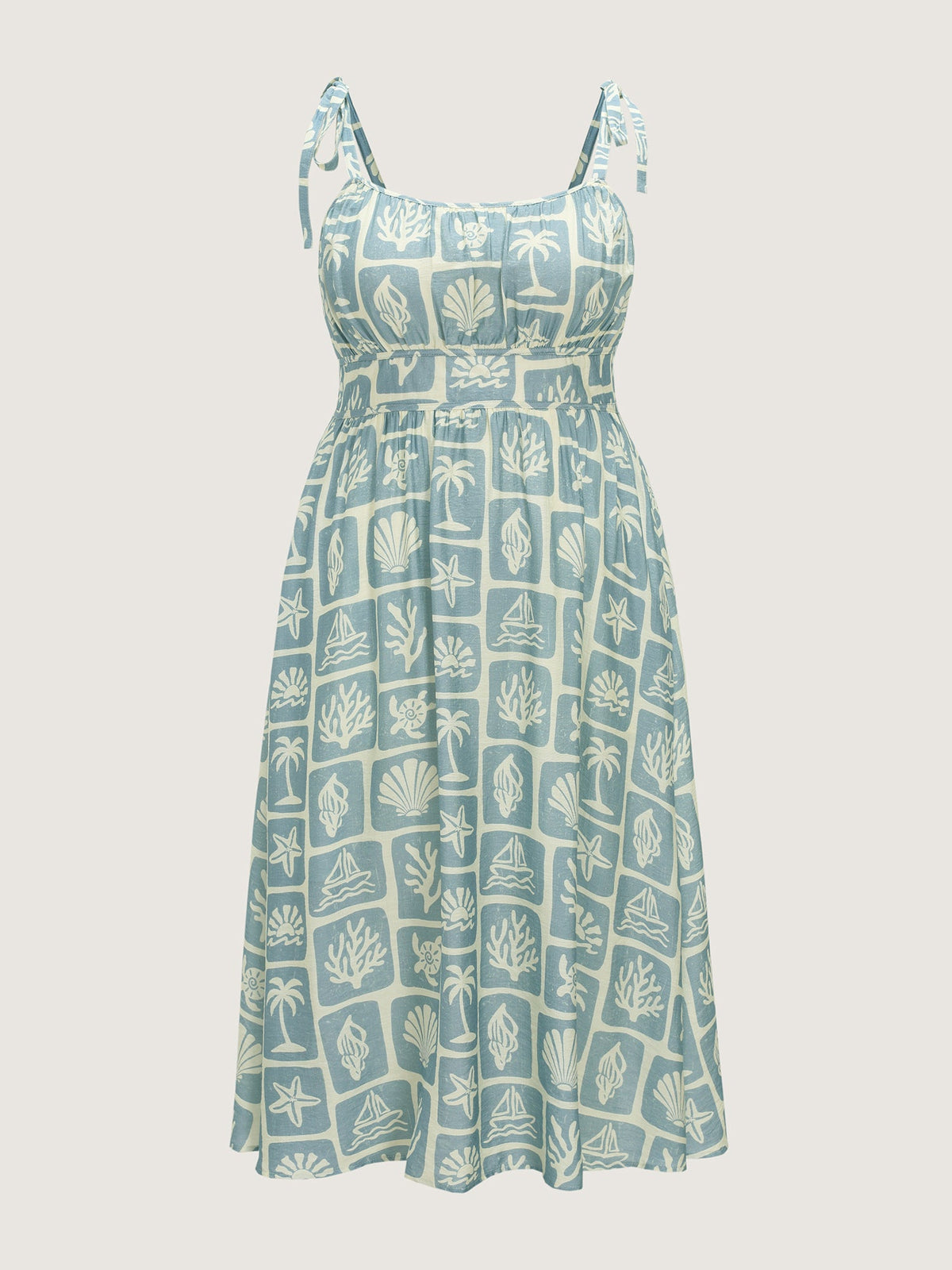 Ocean Print Shoulder-Tie Pleated Midi Dress