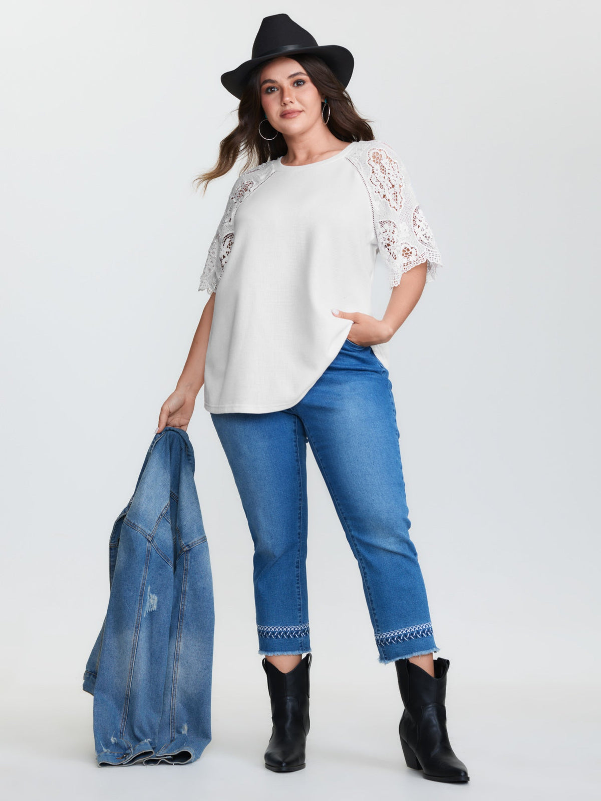 Lace Textured Flared Sleeve Plain Blouse