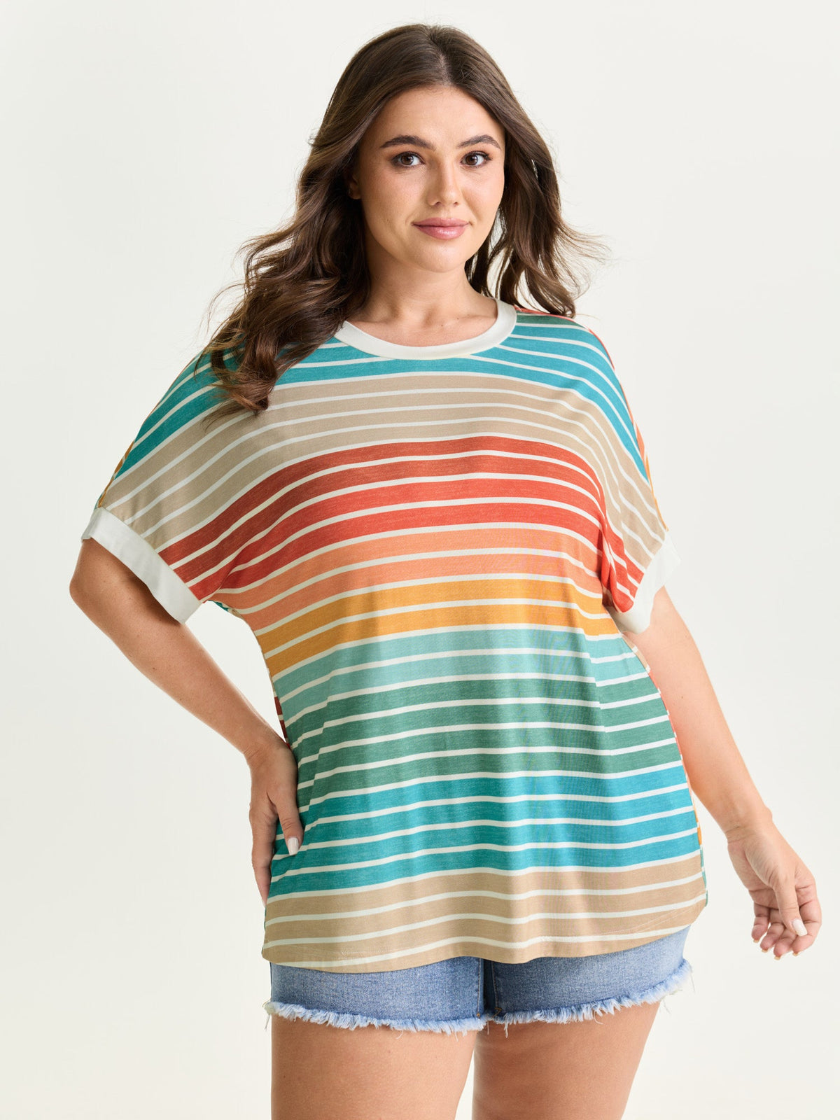 Colorful Gradient Stripe Round Neck T-Shirt
