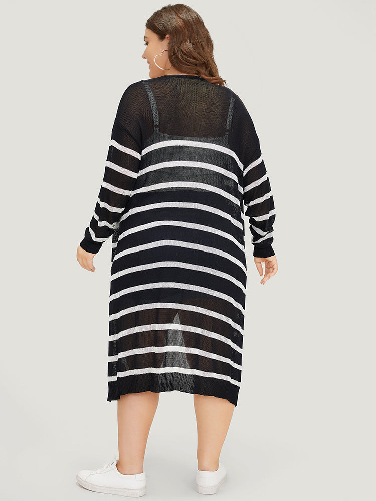 Striped Open Front Elastic Cuffs Drop Shoulder Cardigan