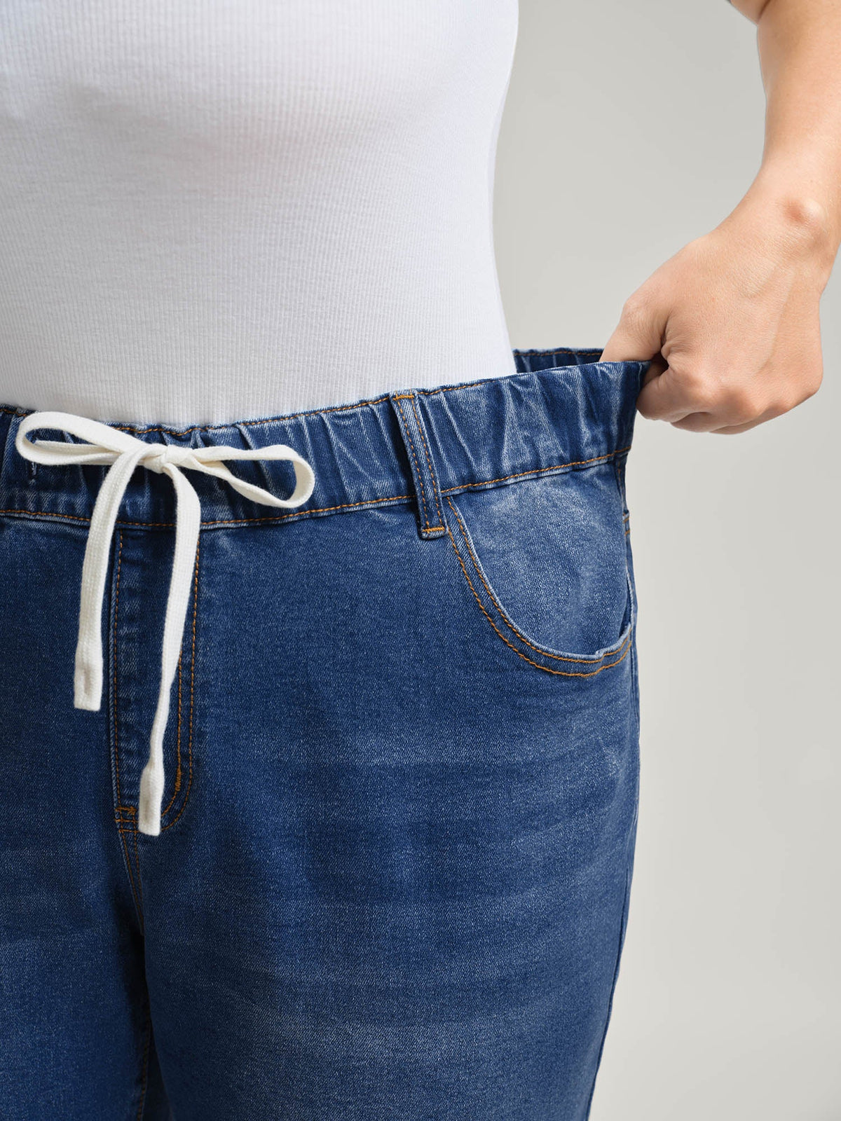 Pull-On Drawstring Straight-Leg Jeans