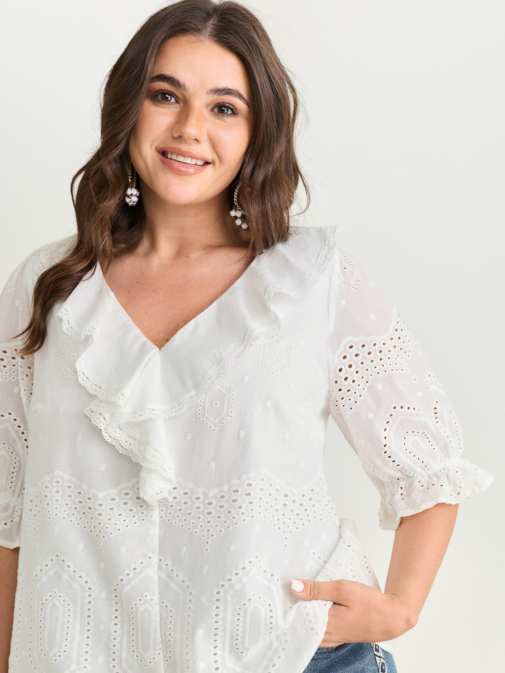 Cotton Cut-Out Lotus Leaf Neckline Blouse