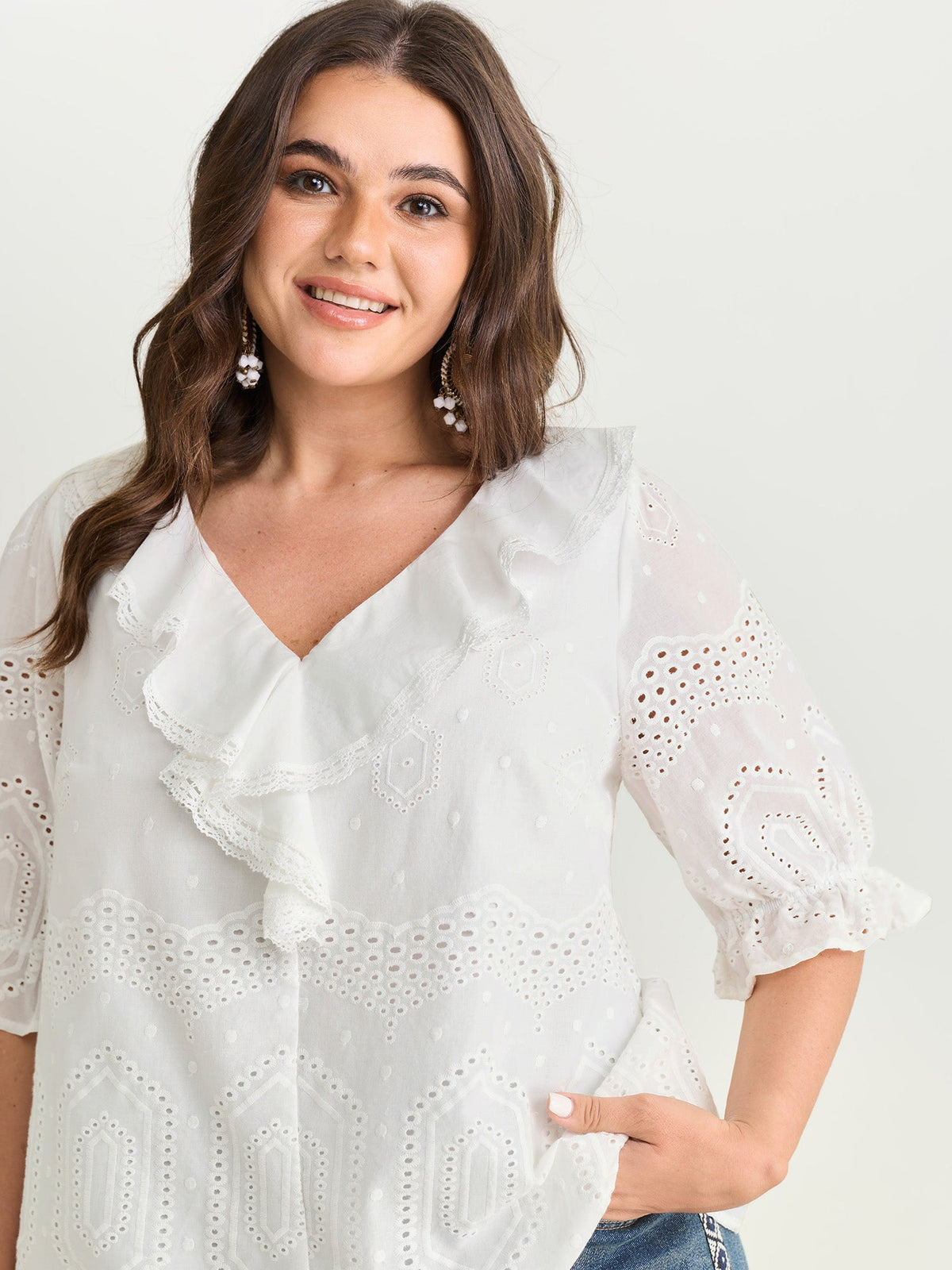 Cotton Cut-Out Lotus Leaf Neckline Blouse