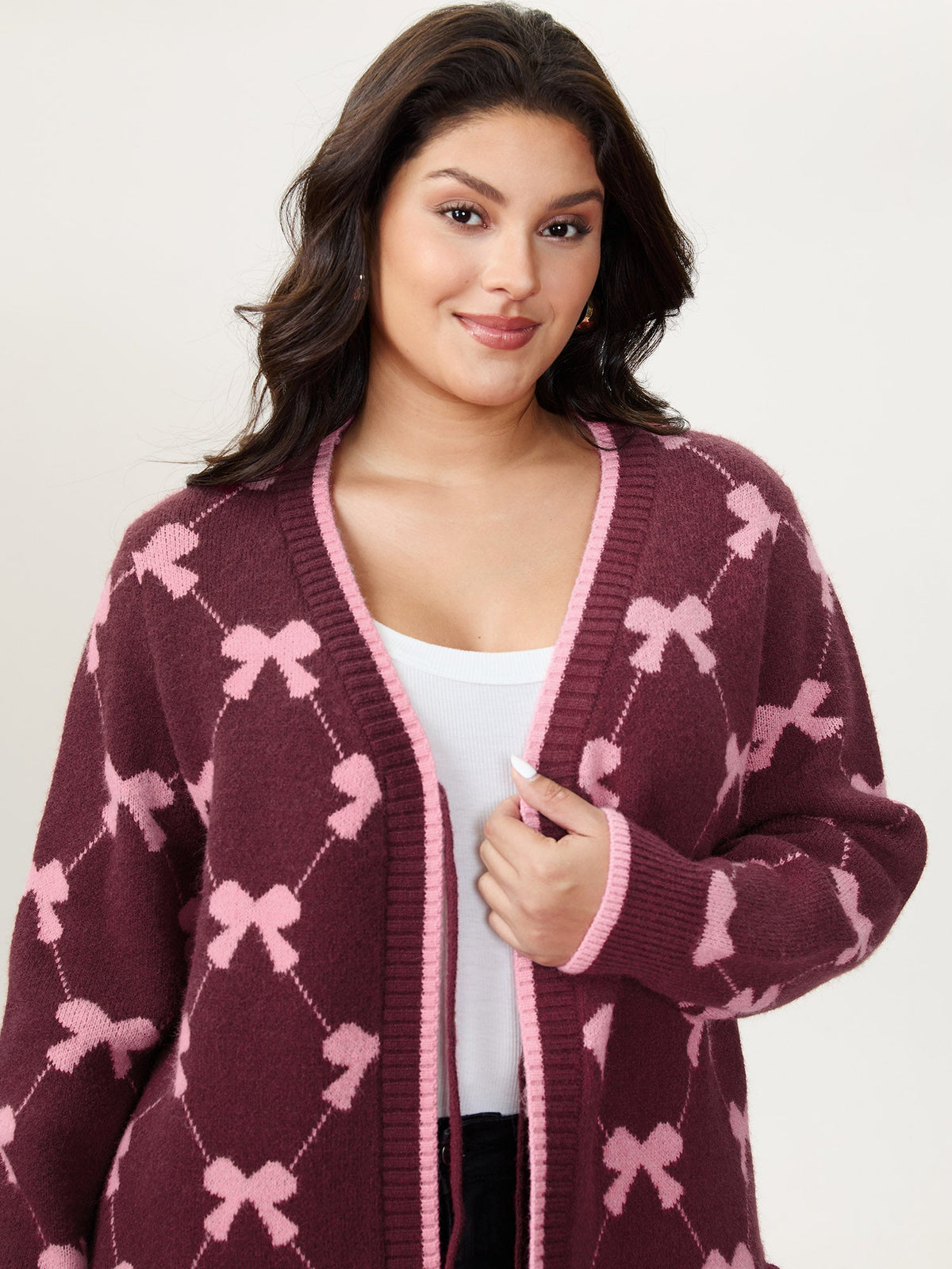Bow Beautiful Jacquard Front-Tie Knit Cardigan
