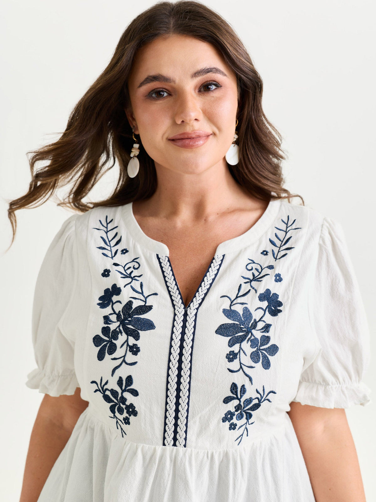 Cotton Floral Embroidered Notched Collar Blouse