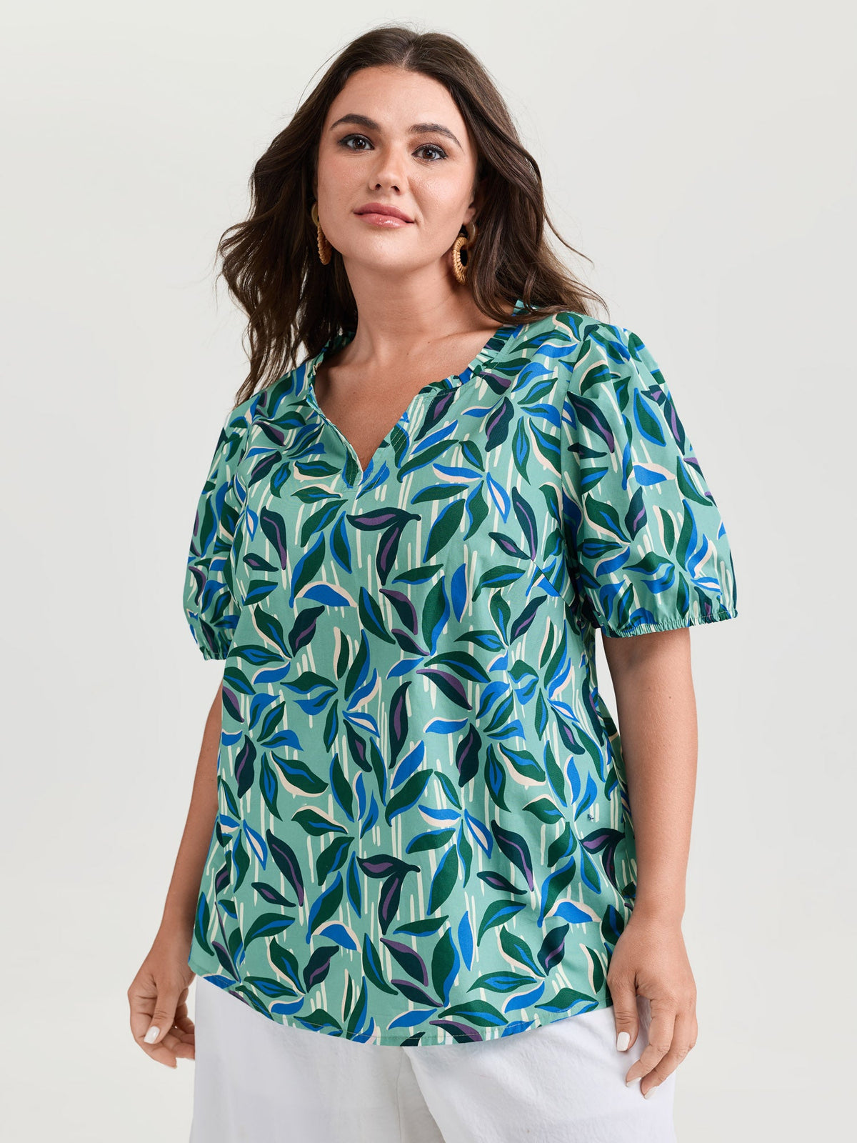 Cotton Tropical Leaf Print Irregular Sleeve Blouse