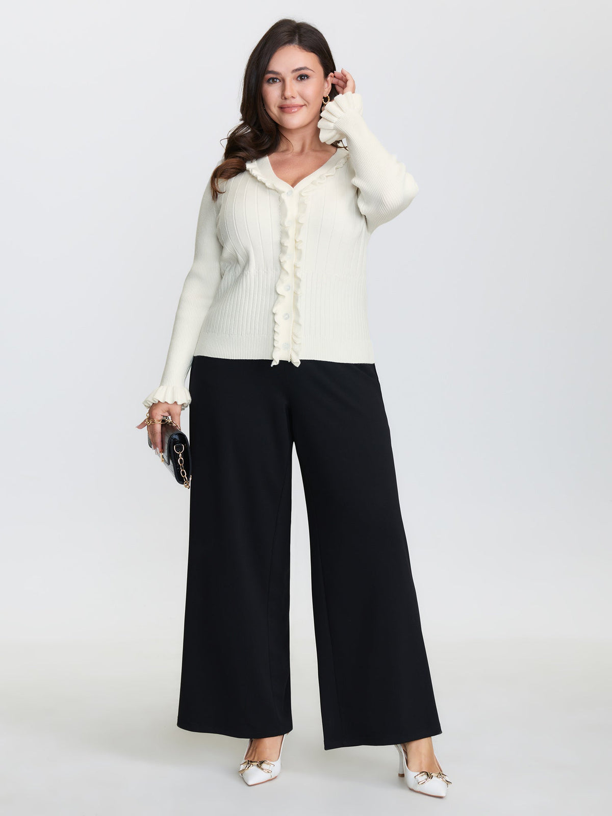Ruffled Placket Striped Texture Knit Cardigan
