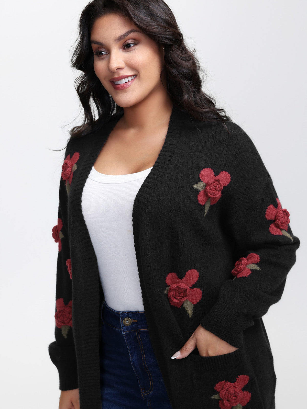 3D Floral Pattern Pockets Knit Cardigan