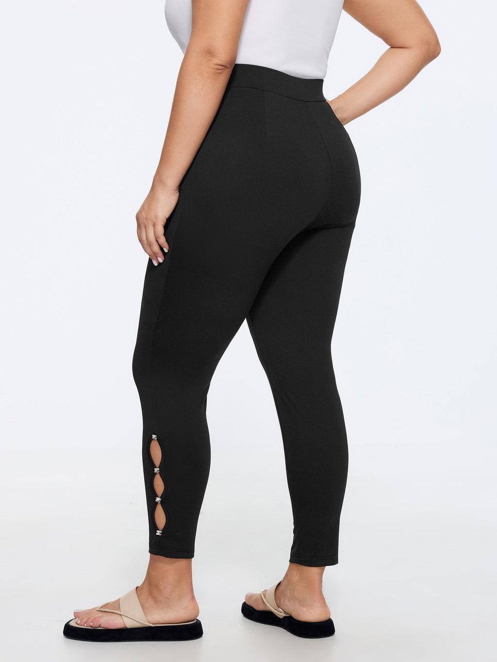 Stretchy Pull-On Rhinestone Cut Out Ankle Detail Leggings