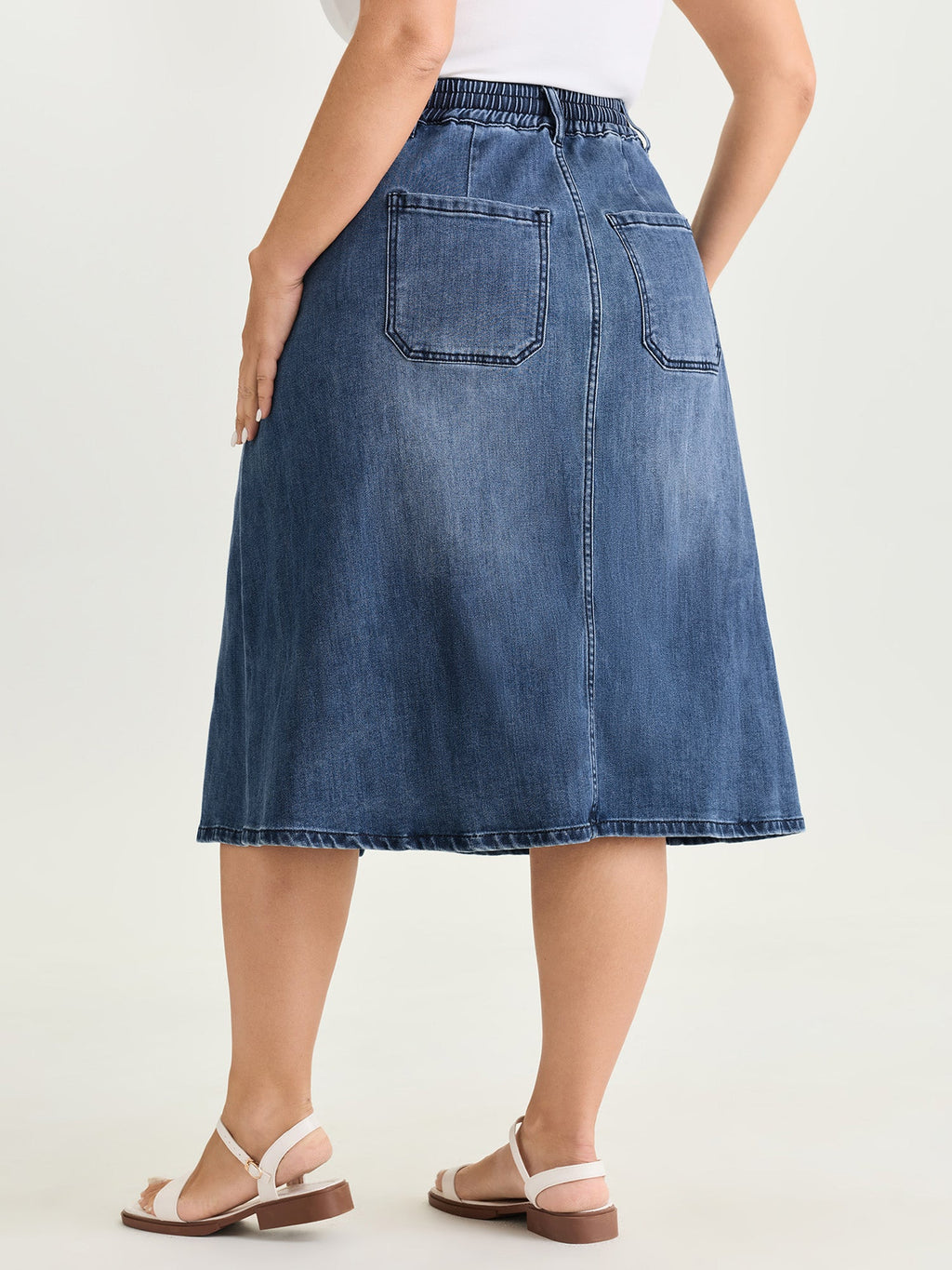Stretchy Contrast Drawstring Waist Midi Denim Skirt