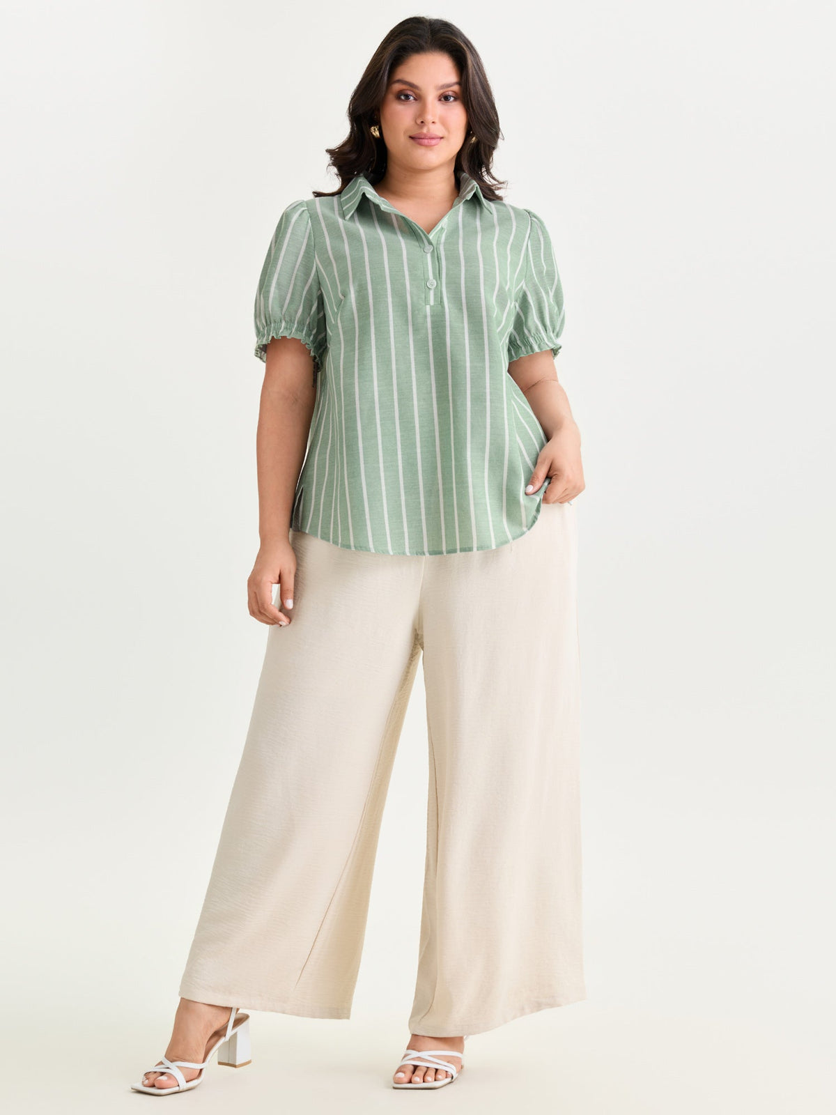 Striped Ruffled Puffy Sleeve Blouse