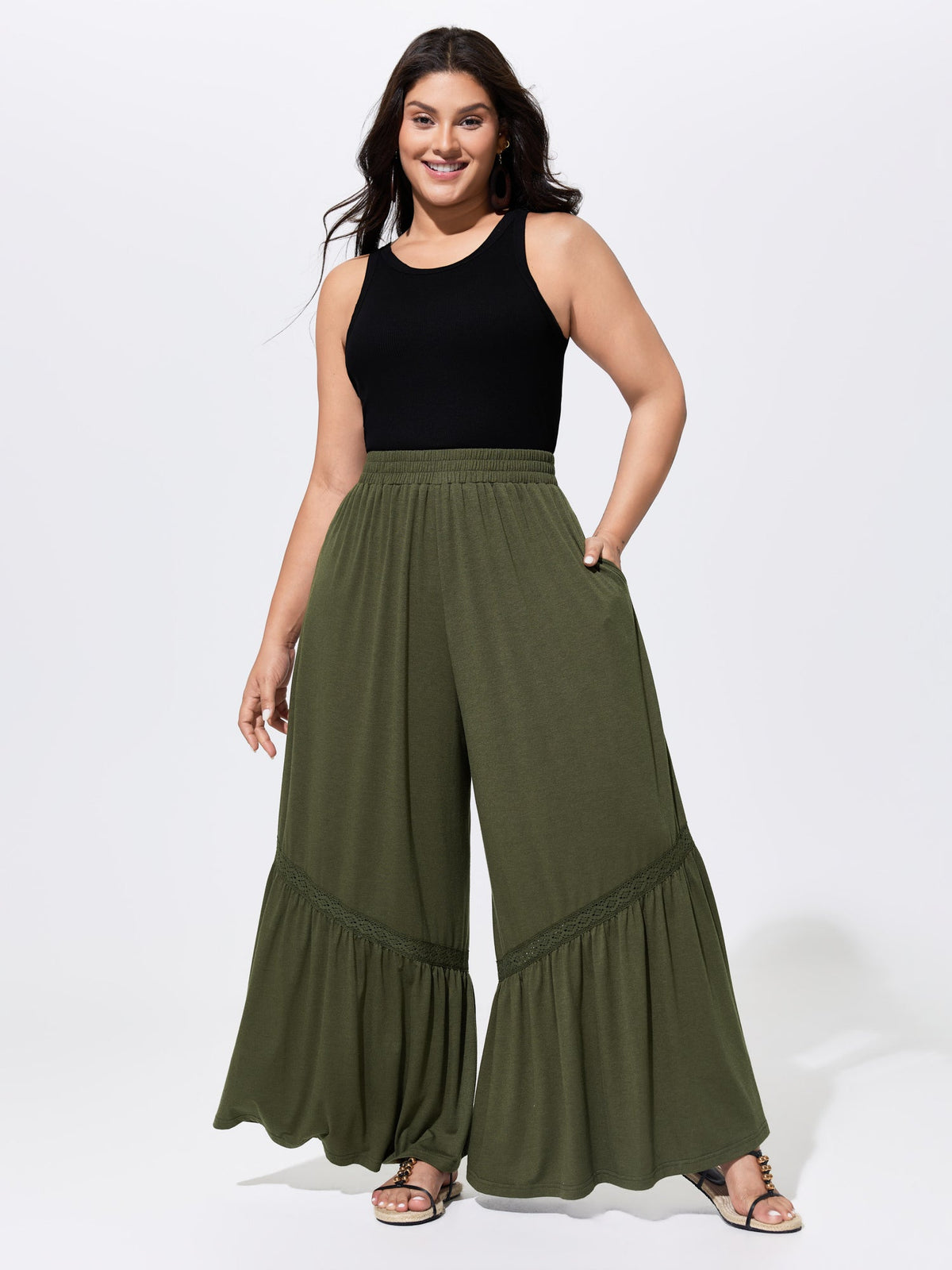 Stretchy Lace Trim Ruffled Hem Pants