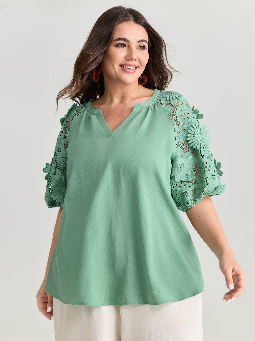 3D Floral Sleeve Spliced Flowy Blouse