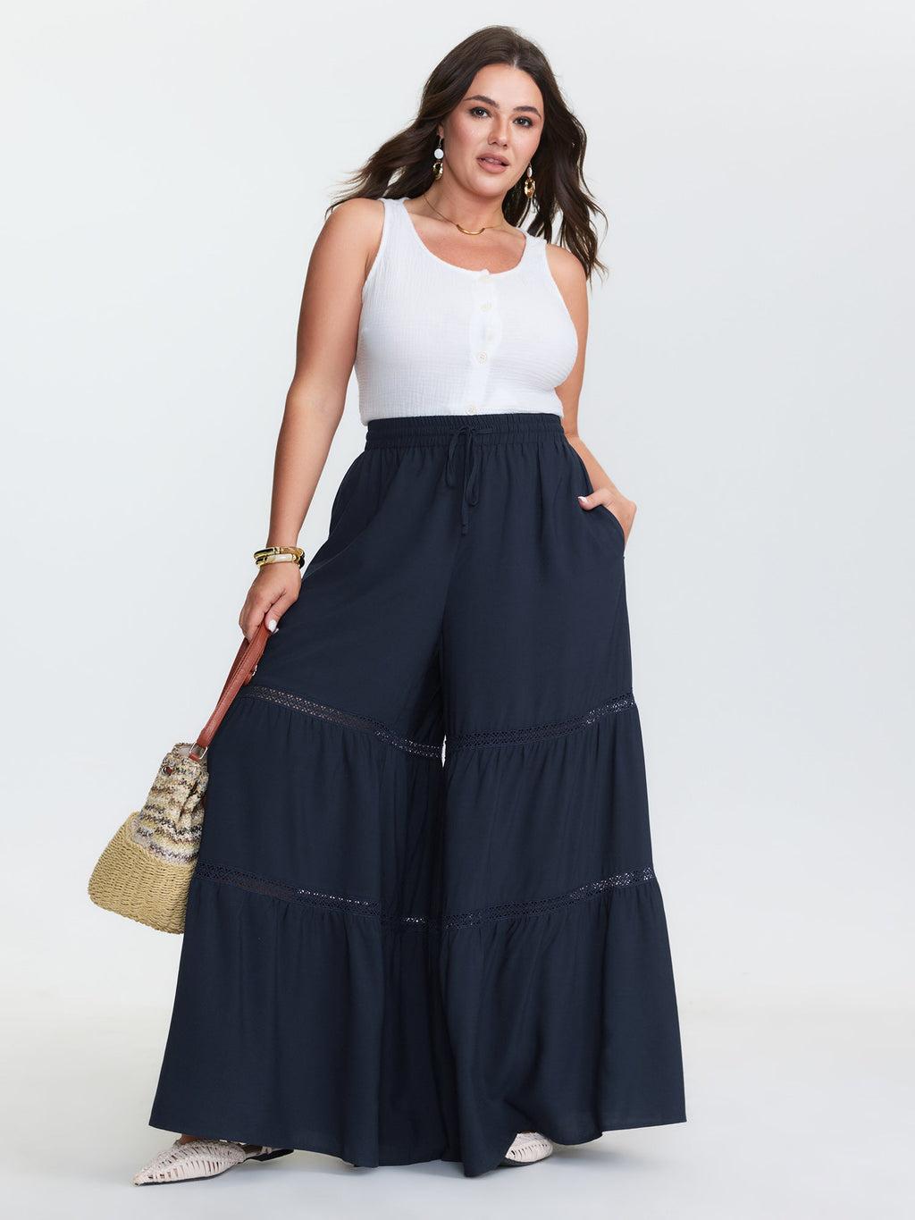 Tiered Spliced Drawstring Cut Out Flared Pants