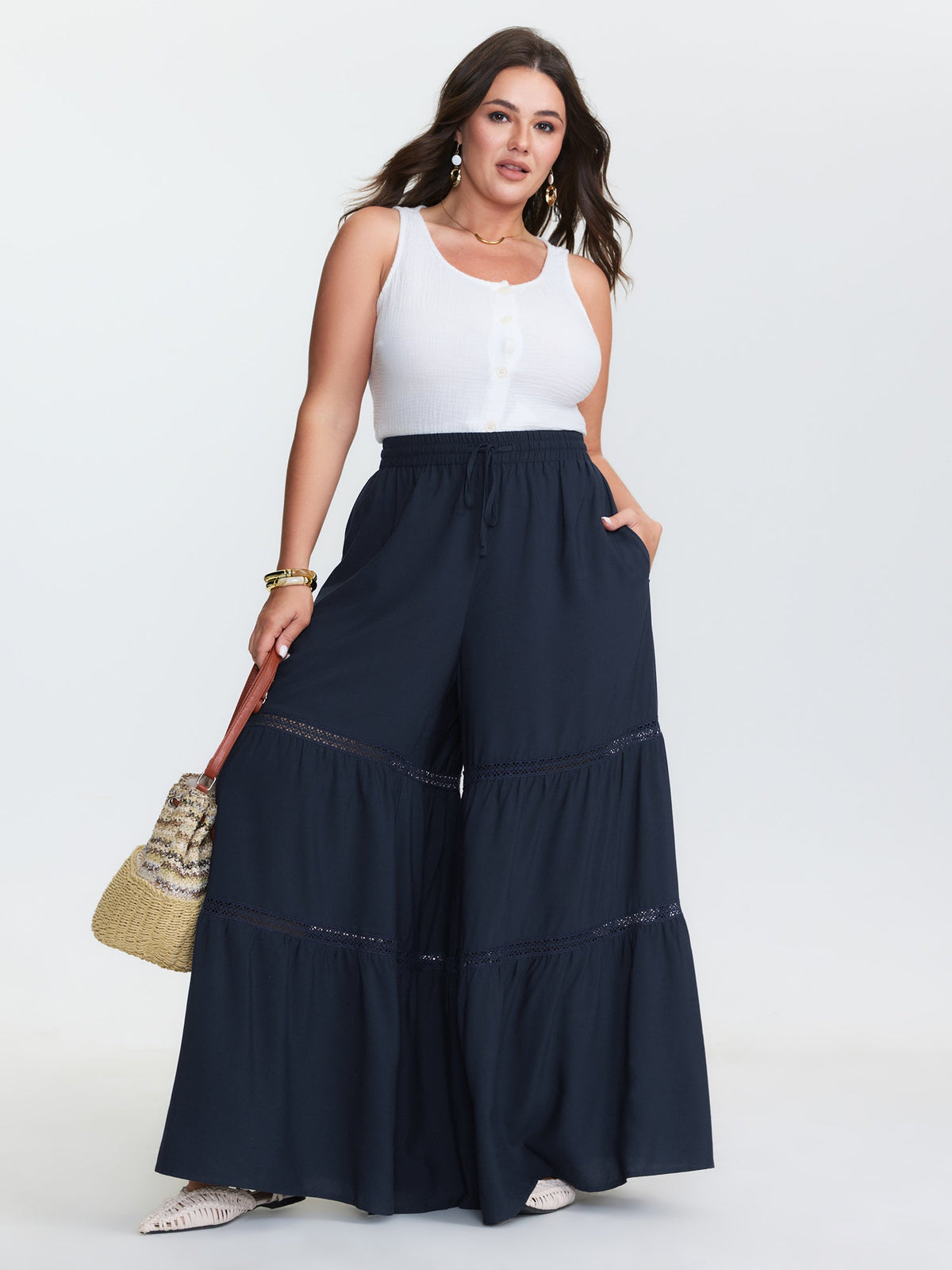 Tiered Spliced Drawstring Cut Out Flared Pants
