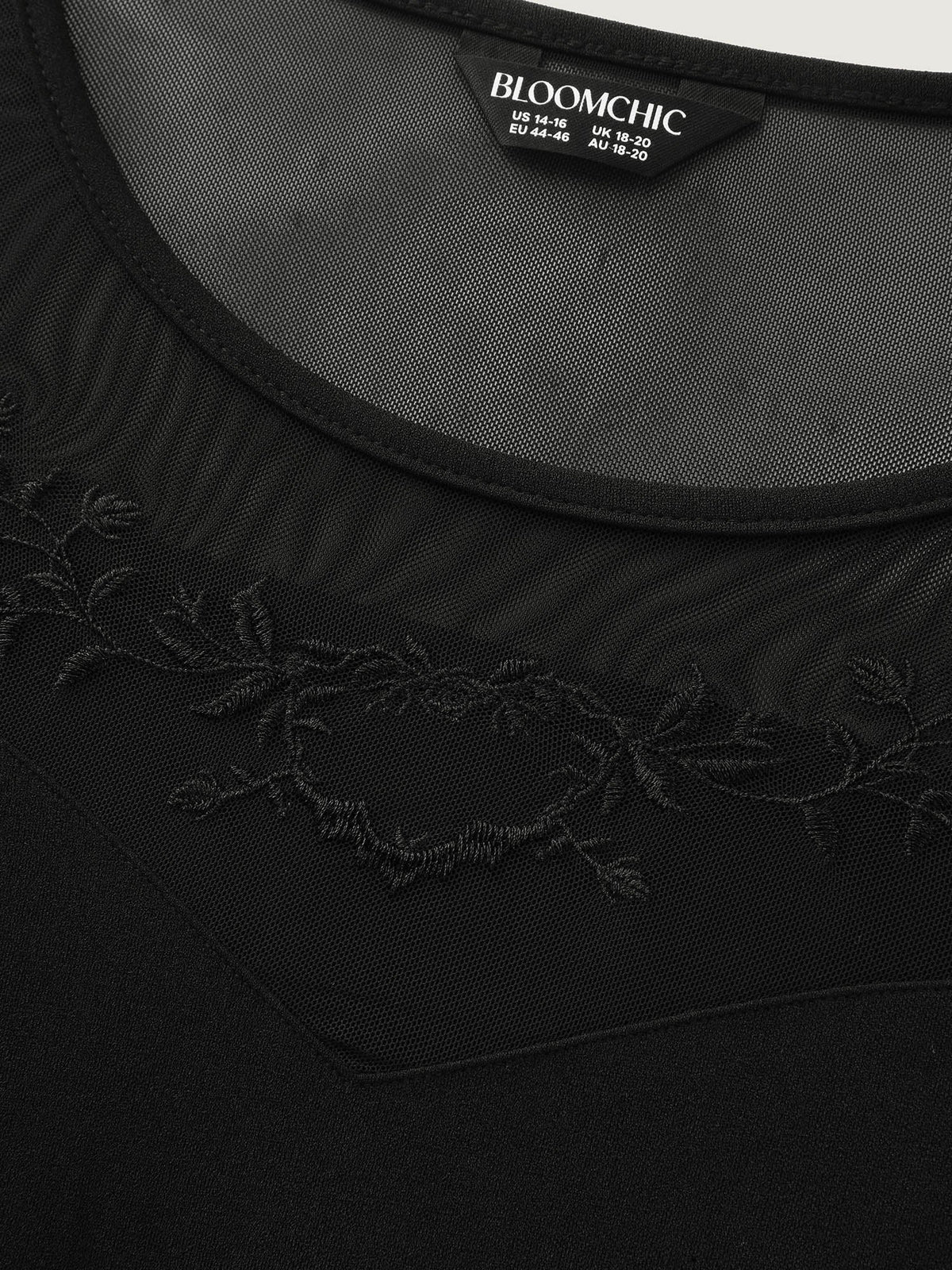 Stretchy Sheer Mesh Embroidered Neckline Midi Dress