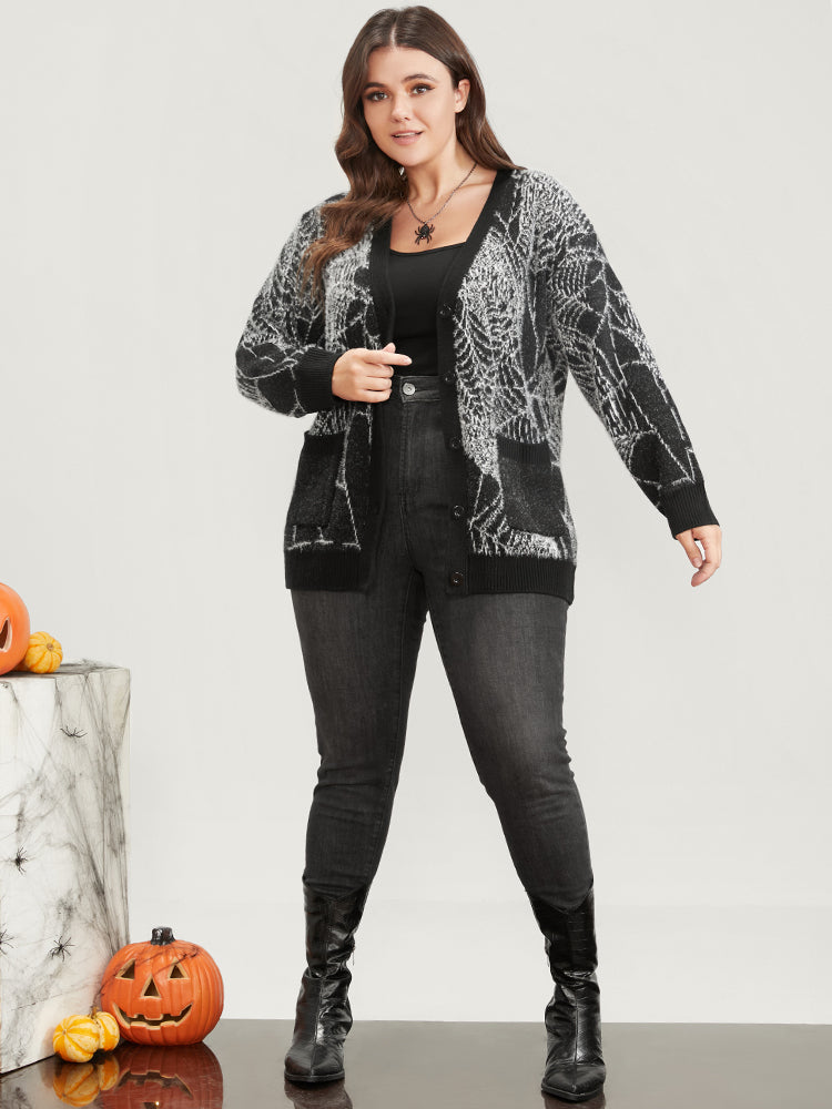 Spider Web Plush Knit Pocket Button Front Cardigan