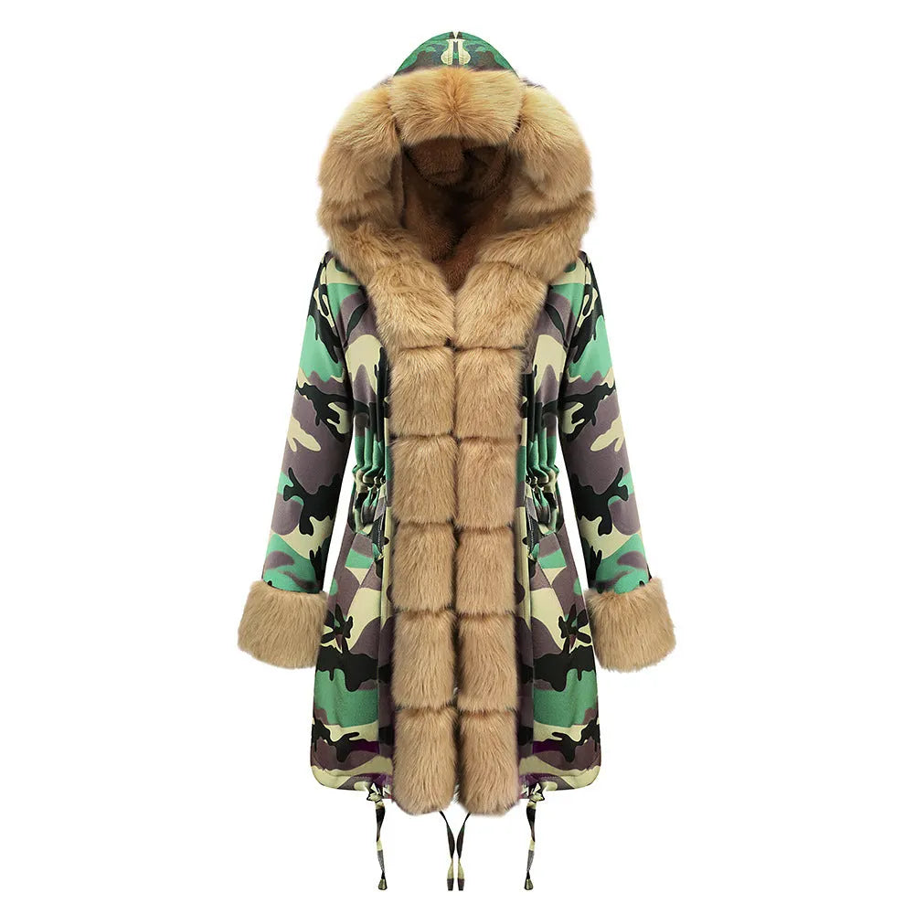 Womens Hooded Camouflage Warm Winter Coats Faux Fur Jacket Parka Overcoat