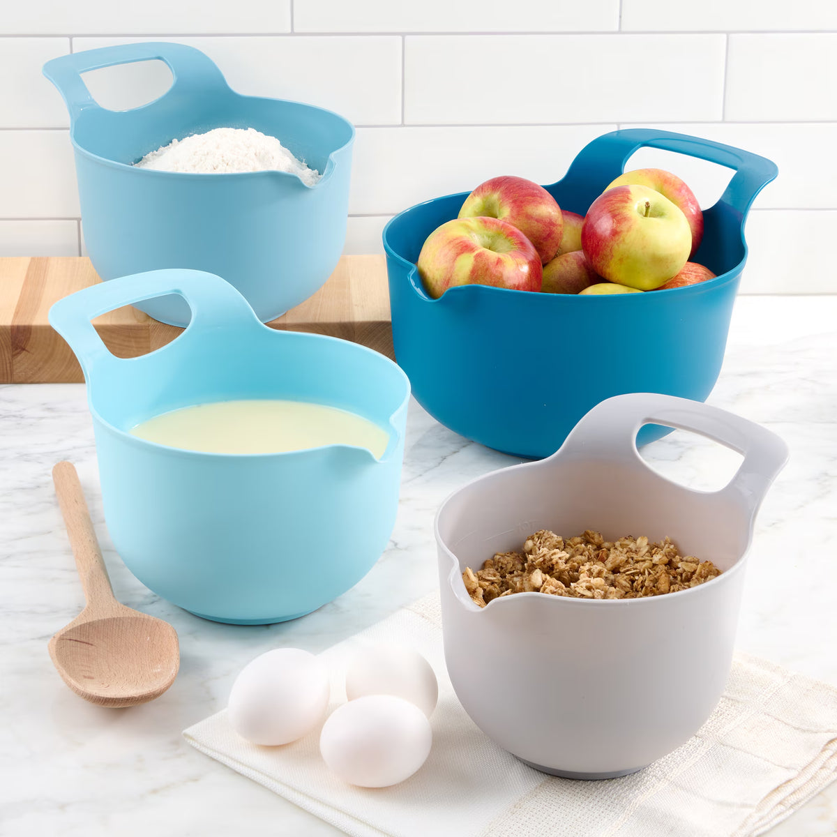 4-Piece Nesting Plastic Mixing Bowl Set with Pour Spouts & Ergonomic Handles, Stackable Baking Bowls for Kitchen Prep, Mixing & Serving