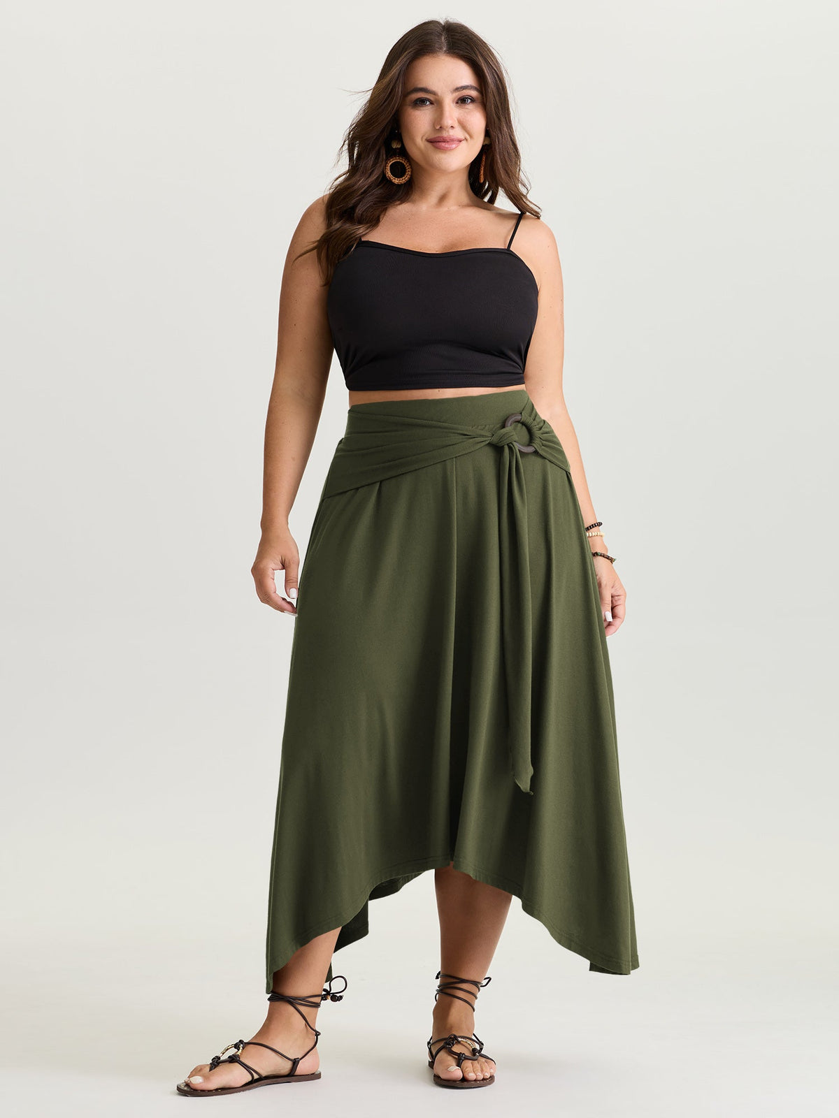 Supersoft Ring Detail Tie Asymmetrical Hem Midi Skirt
