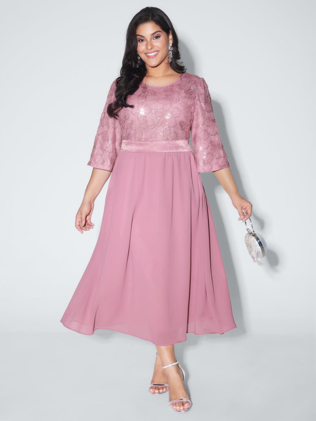 Sequin Floral Tulle Shirred Waist Midi Dress
