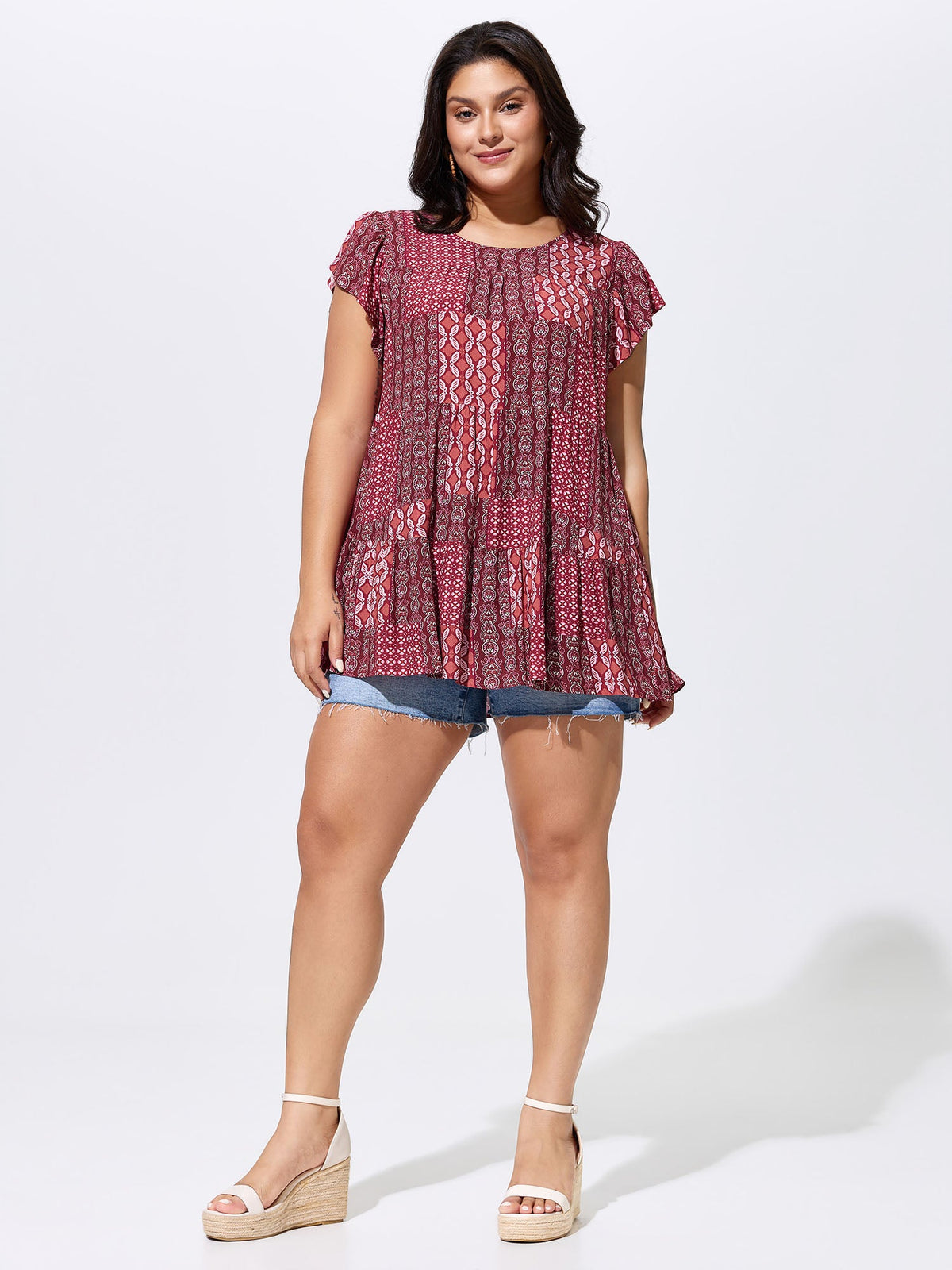 Geometric Print Ruffled Sleeve Top
