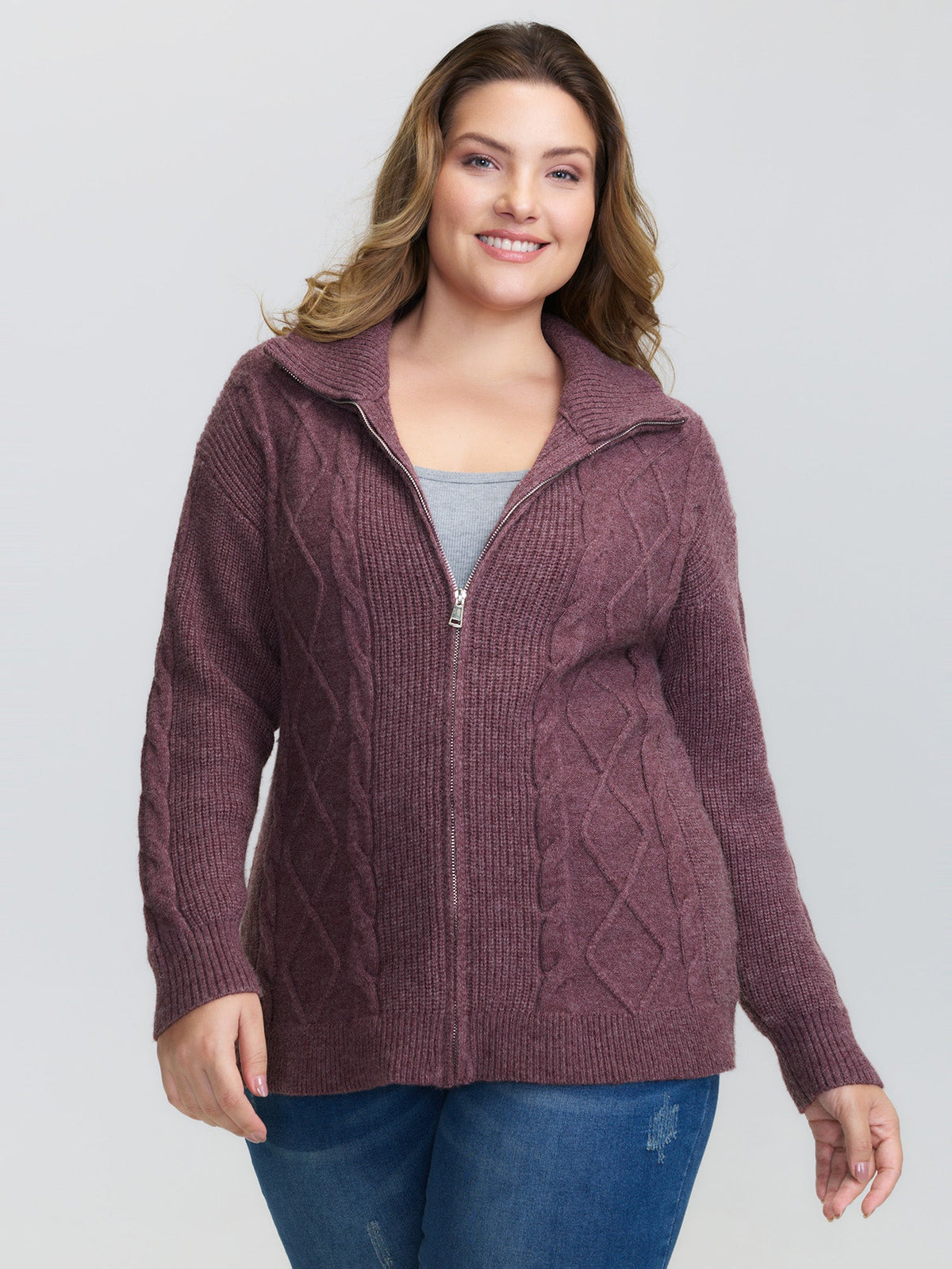 Textured Zipper Solid Knit Cardigan