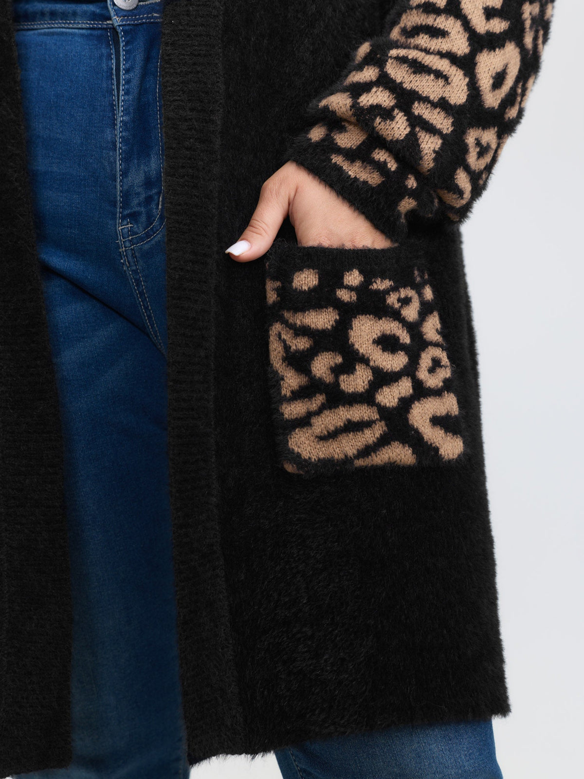 Leopard Jacquard Furry Open-Front Knit Cardigan