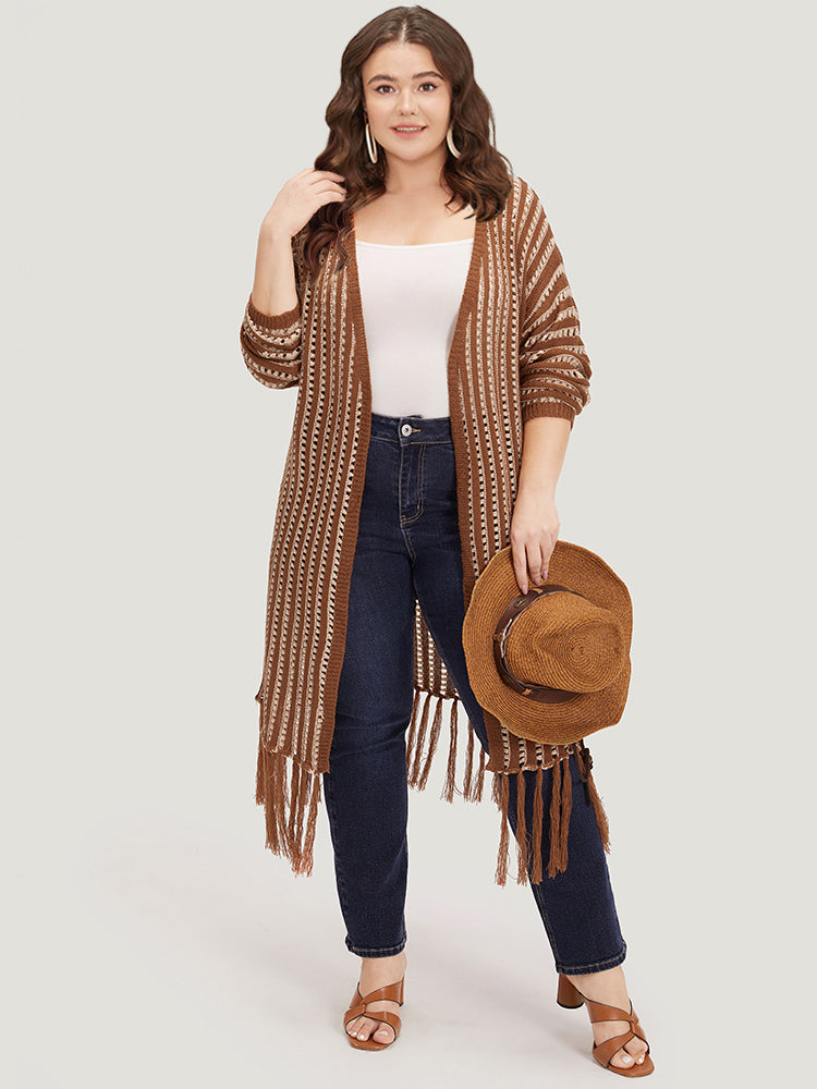 Striped Open Front Tassel Trim Hollow Out Cardigan
