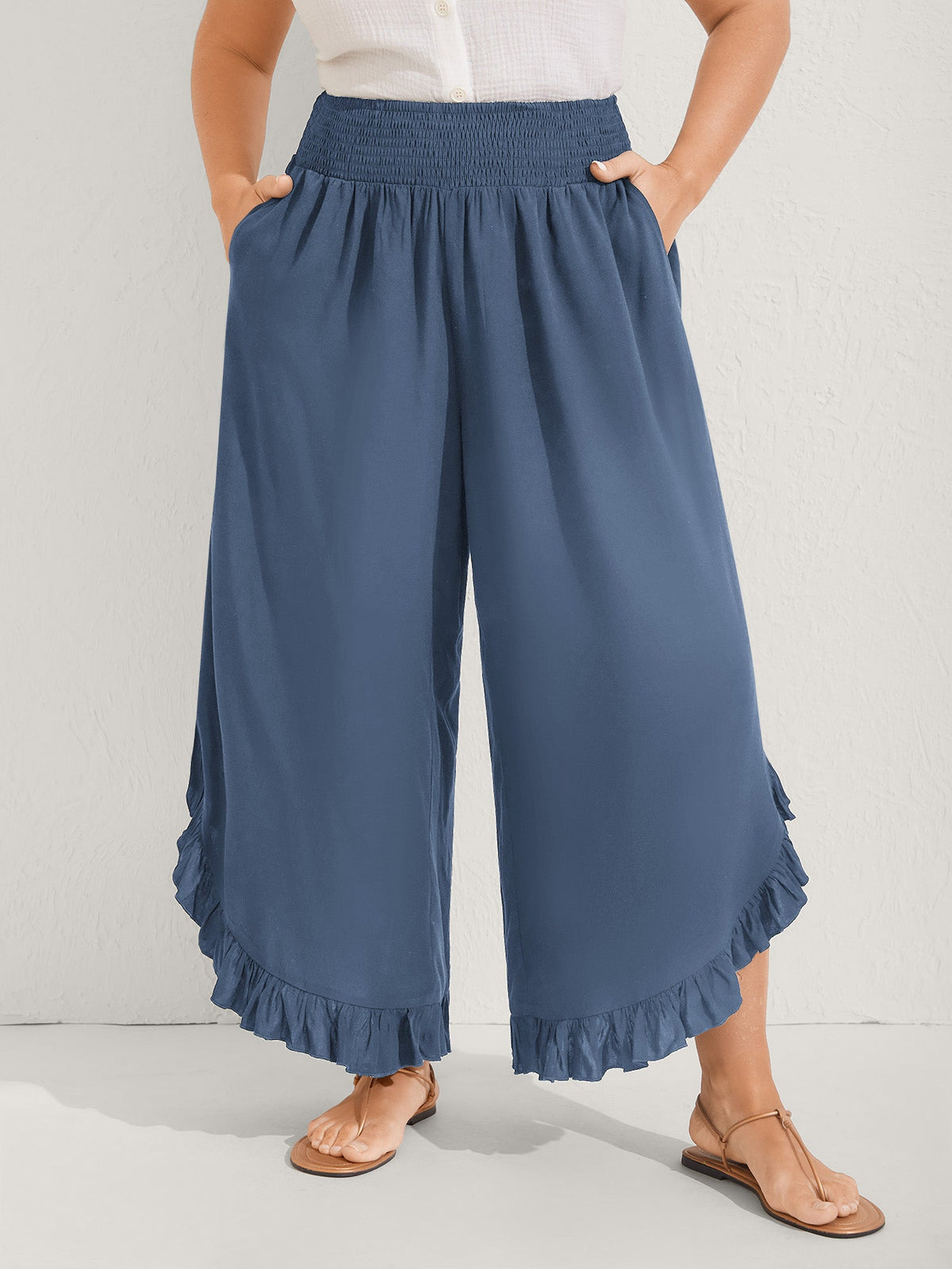 Ruffled Curvy Hem Wide-Leg Pants