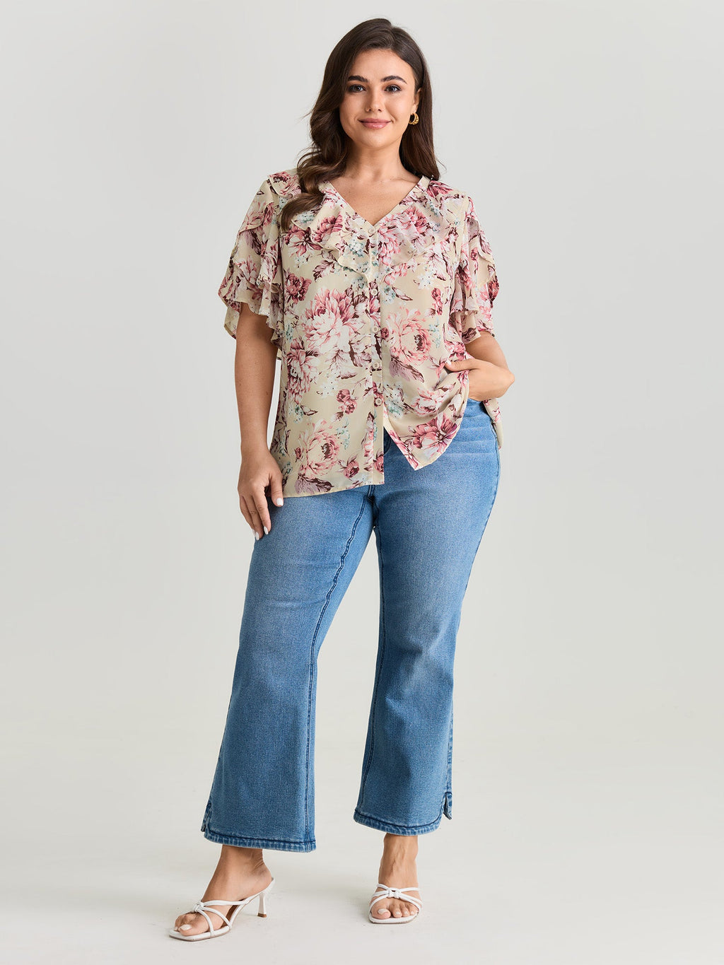 Floral Print Ruffled Edges Blouse