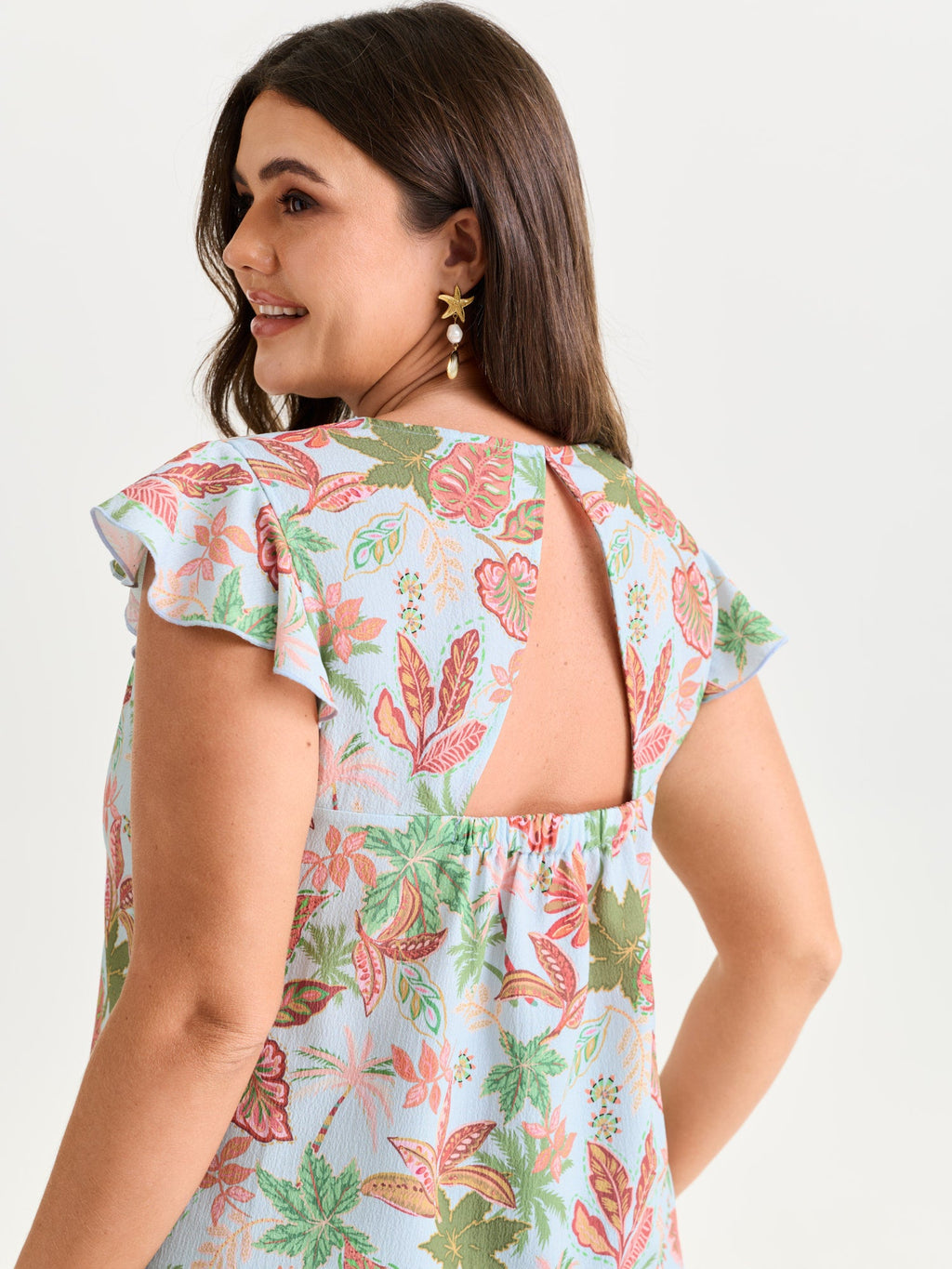 Bright Floral Texture Open-Back Blouse