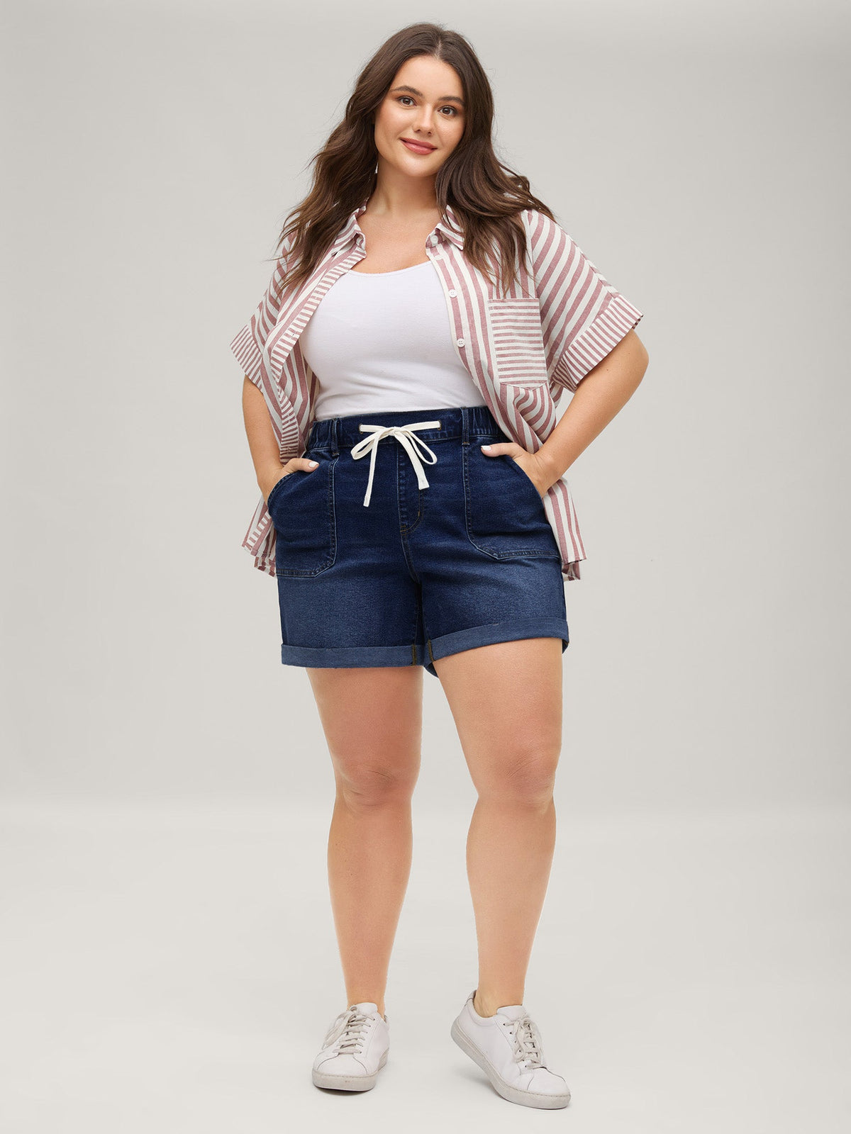 Pull-On Folded Hem High-Rise Denim Shorts