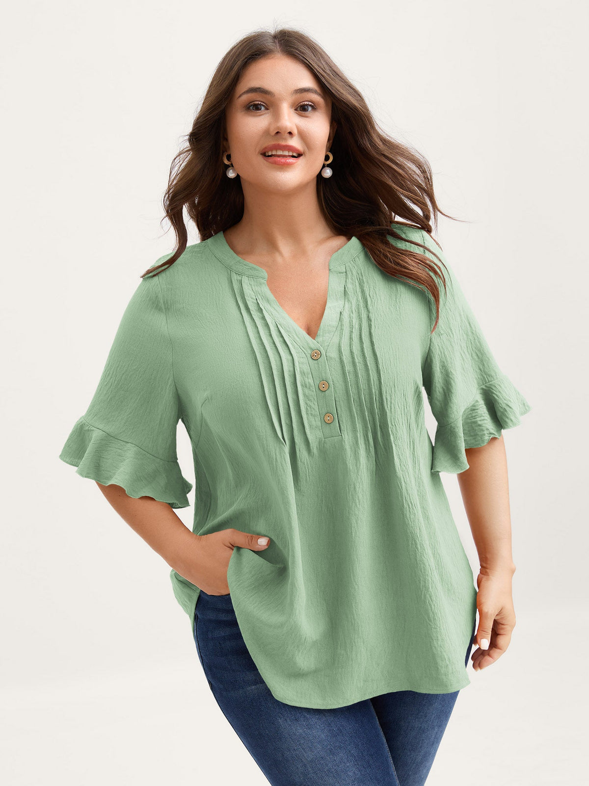 Toothpick Pleats Ruffled Sleeve Solid Blouse