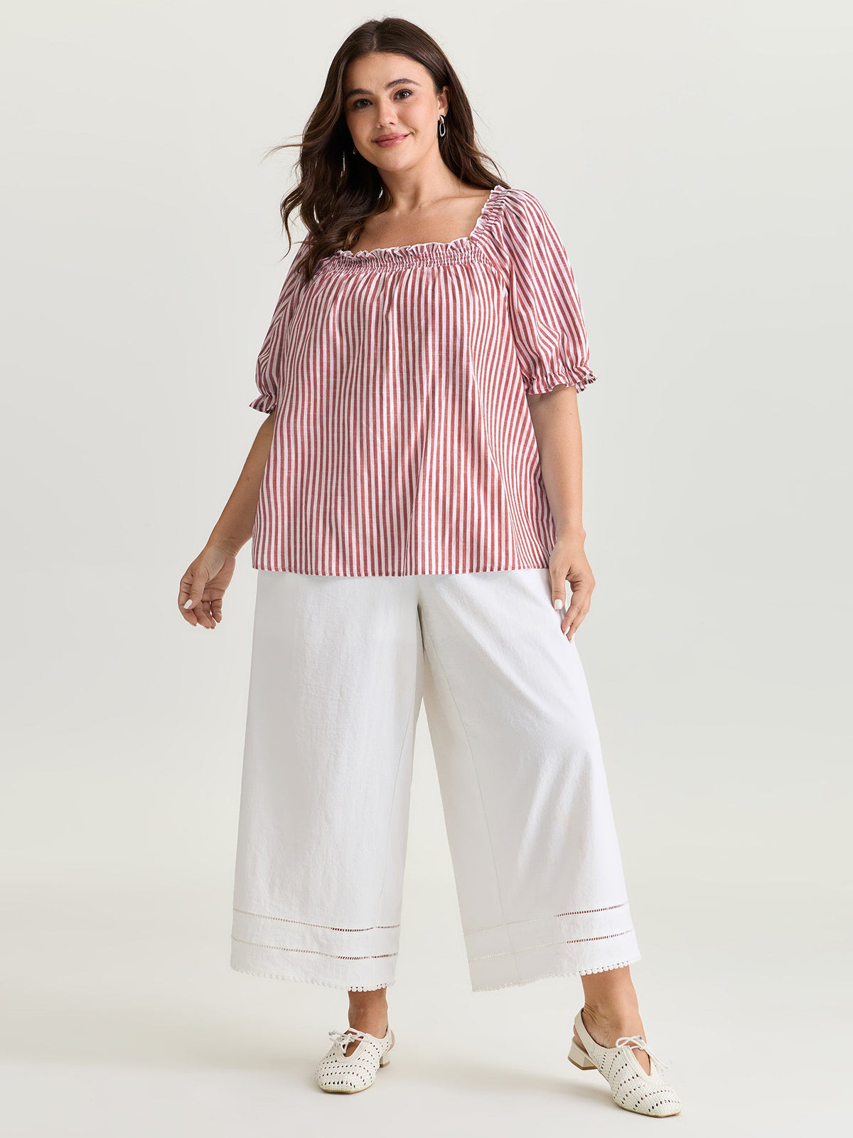 Cotton Striped Shirred Bust-Friendly Neckline Blouse