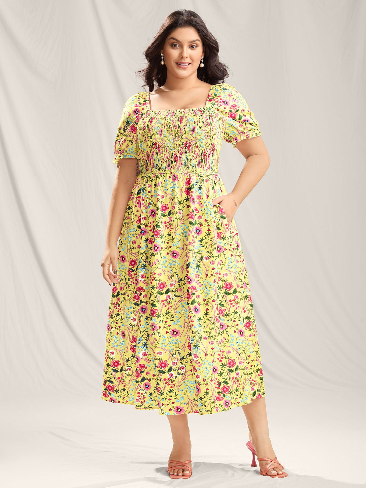 Shirred Floral Print Pockets Maxi Dress