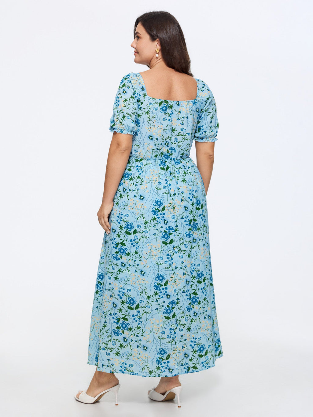 Shirred Floral Print Pockets Maxi Dress