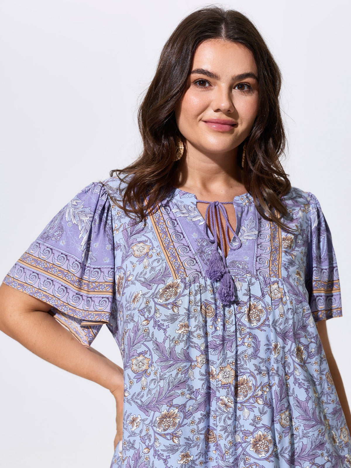 Floral Print Tassel Ruffled Sleeve Blouse