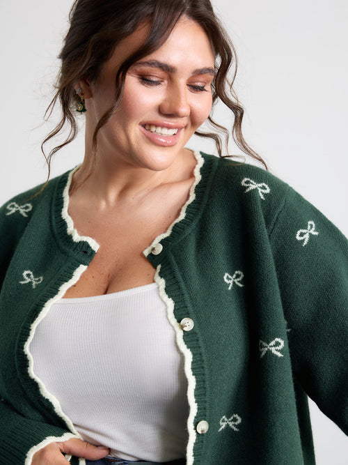 Bowknot Jacquard Wavy Edge Knit Cardigan