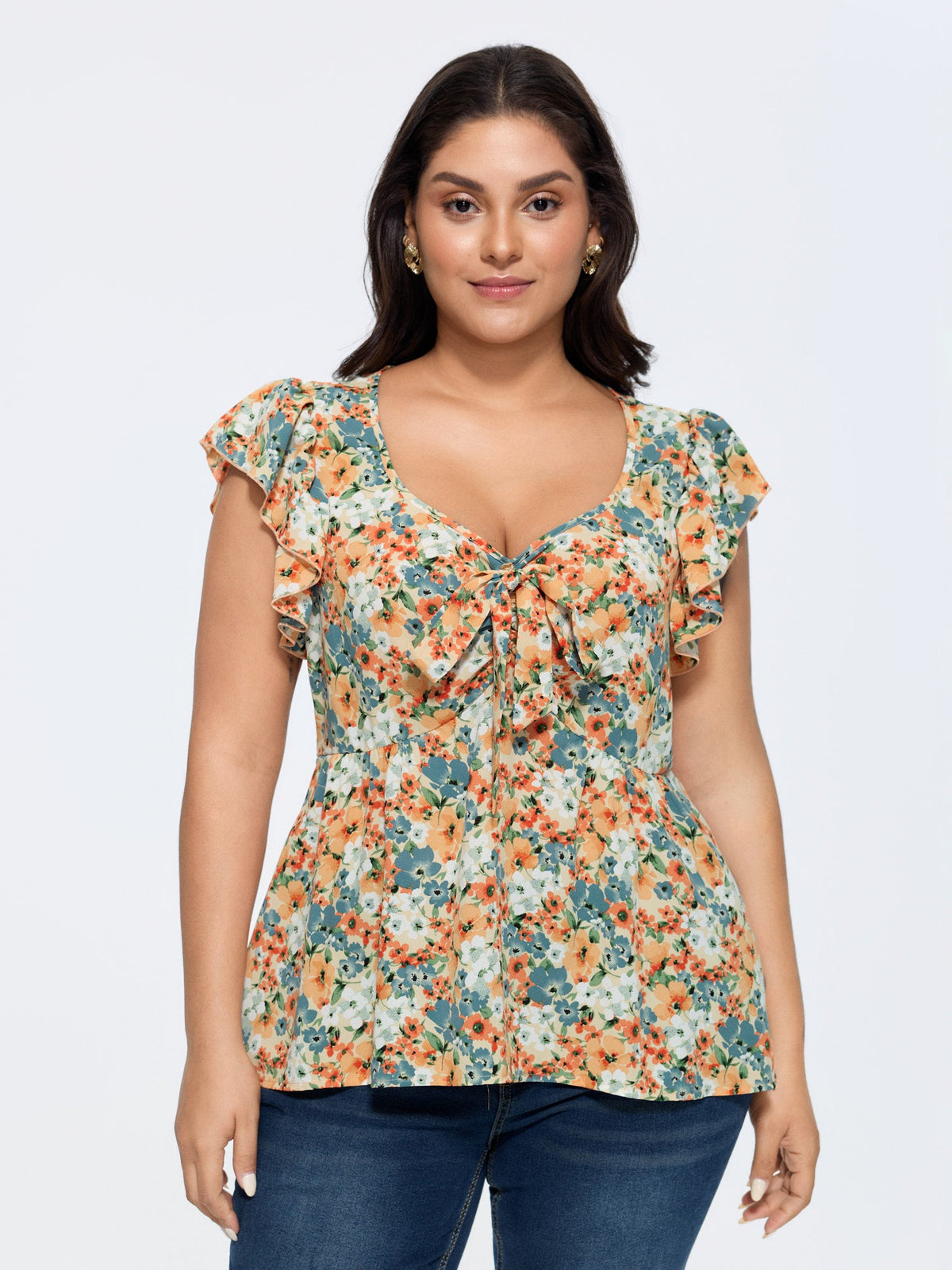 Floral Print Drawstring Neckline Blouse