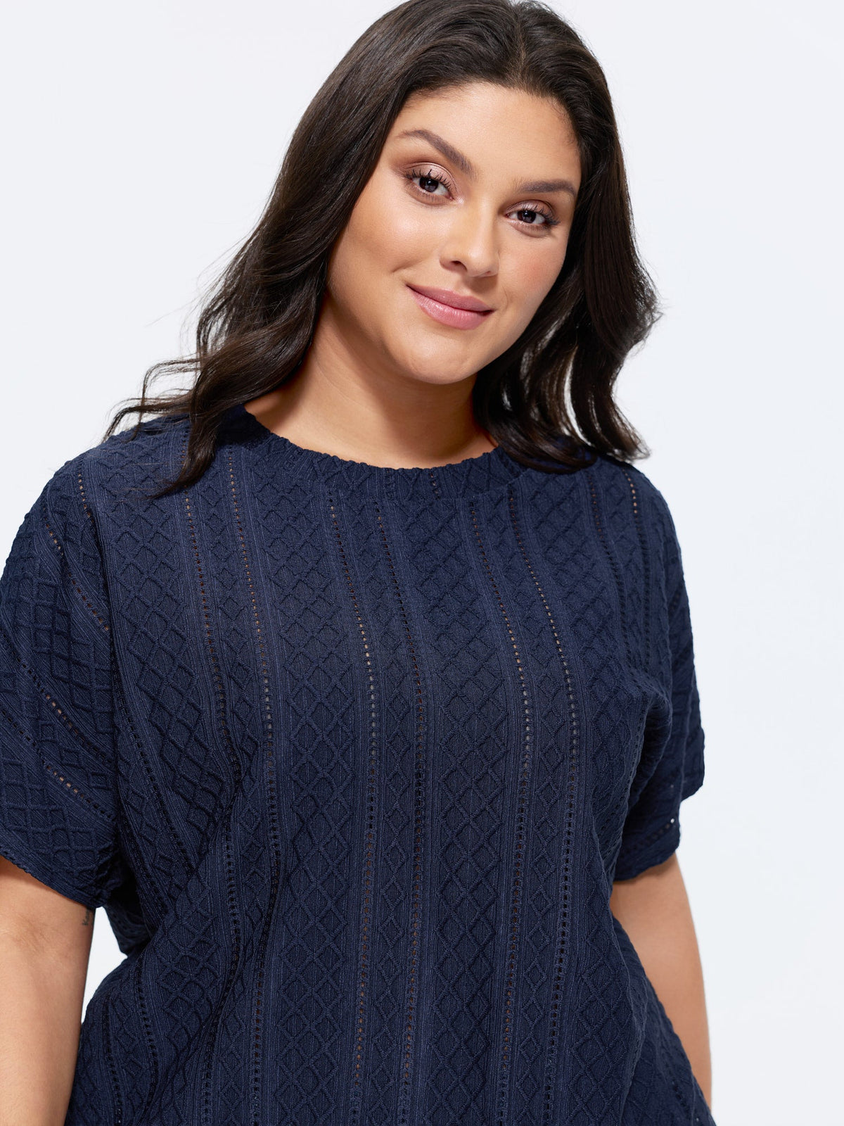 Eyelet Trim Stretchy Textured Plain Top