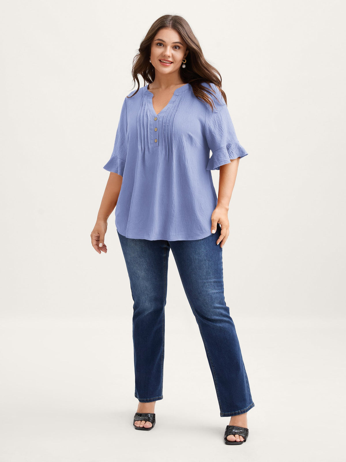 Toothpick Pleats Ruffled Sleeve Solid Blouse