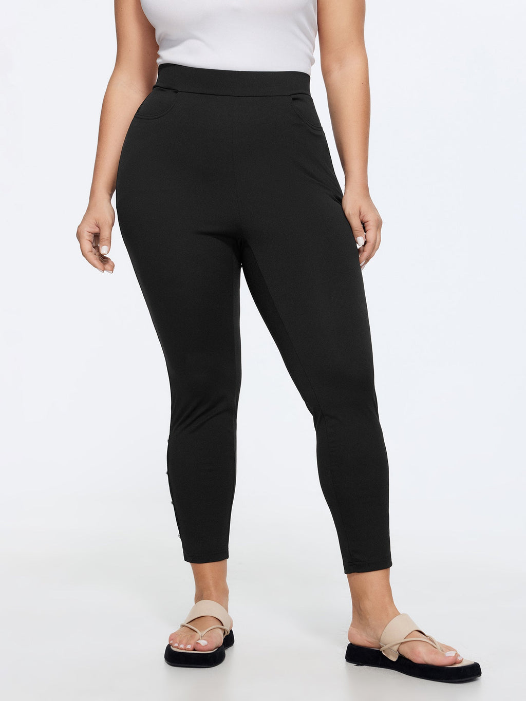 Stretchy Pull-On Rhinestone Cut Out Ankle Detail Leggings