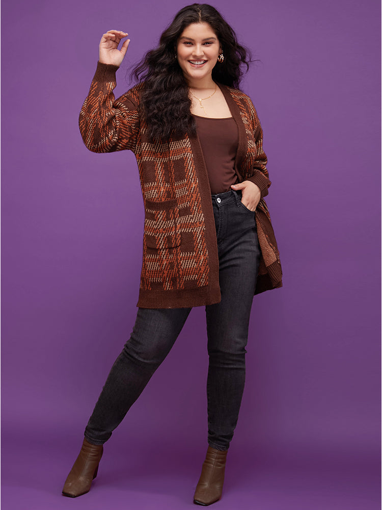 Tartan Contrast Pointelle Knit Pocket Open Front Cardigan