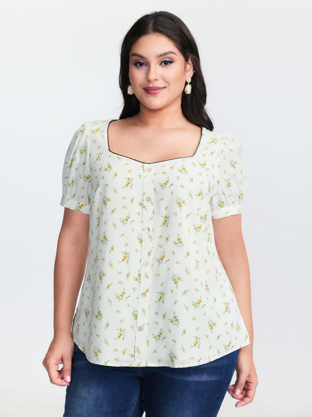 Floral Print Button Detail Color Contrast Blouse