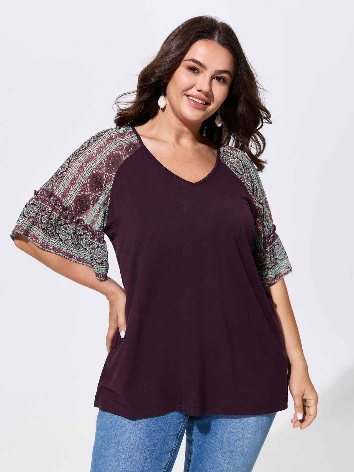 Boho Print Patchwork Raglan Sleeve T-shirt